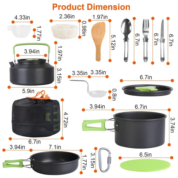 16Pcs Camping Cooking Ware Camping Stove Cookware Kit Aluminum Kettle With Bowls Knife Fork Spoon Carabiner Spatula Cutting Board For Hiking Picnic Outdoor