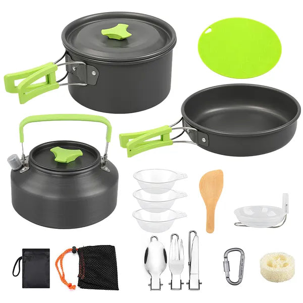 16Pcs Camping Cooking Ware Camping Stove Cookware Kit Aluminum Kettle With Bowls Knife Fork Spoon Carabiner Spatula Cutting Board For Hiking Picnic Outdoor