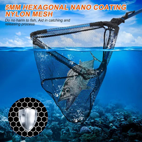 Foldable Fishing Net With Aluminum Alloy Rod EVA Handle Durable 5MM Hexagonal Nano Coating Nylon Mesh Collapsible Landing Net Safe Fish Catching Or Releasing