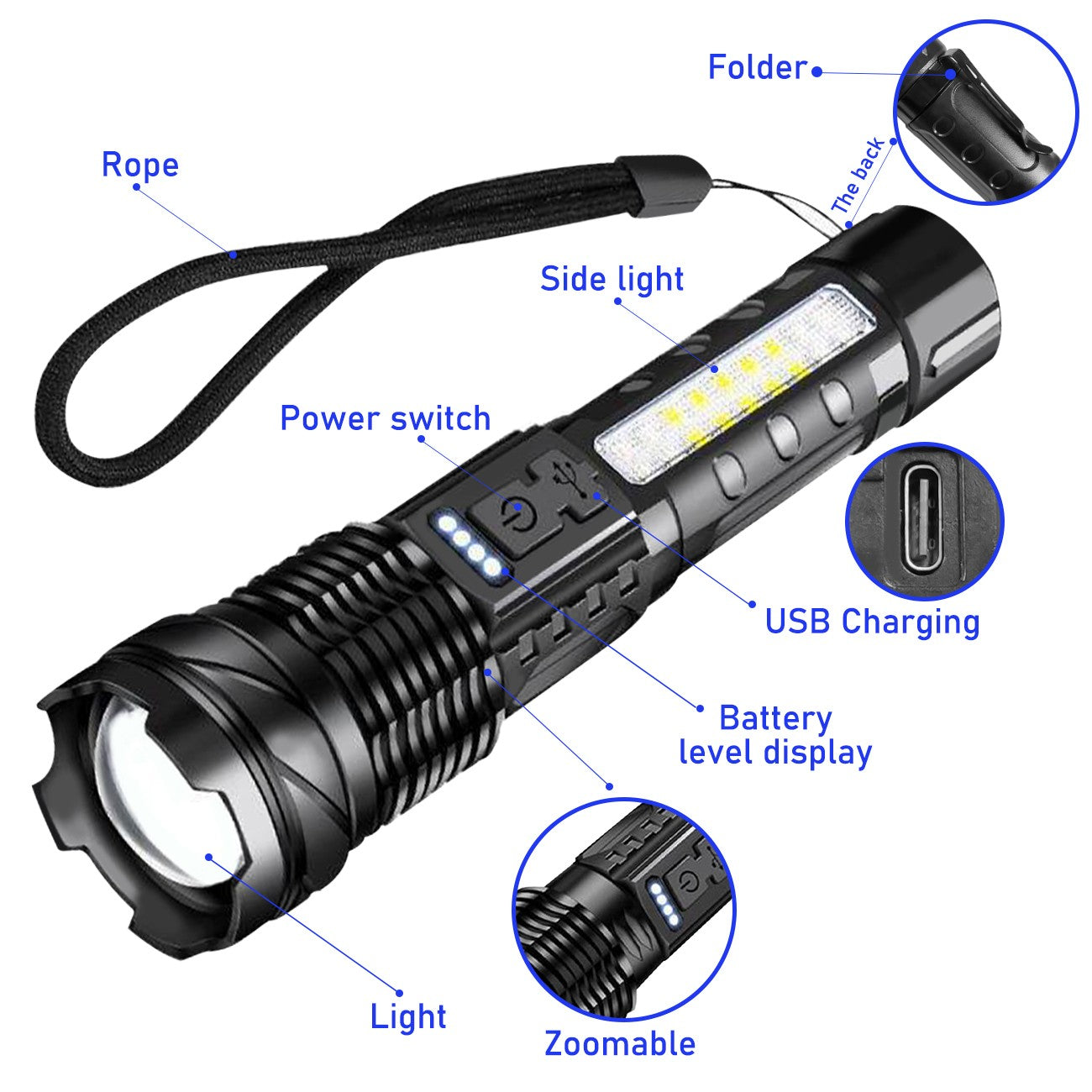 Rechargeable LED Flashlight Zoomable Tactical Torch Super Bright Work Light Lamp 3 Light USB Charging