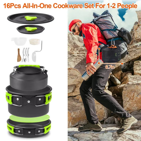 16Pcs Camping Cooking Ware Camping Stove Cookware Kit Aluminum Kettle With Bowls Knife Fork Spoon Carabiner Spatula Cutting Board For Hiking Picnic Outdoor
