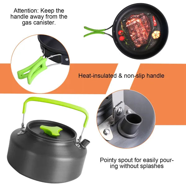 16Pcs Camping Cooking Ware Camping Stove Cookware Kit Aluminum Kettle With Bowls Knife Fork Spoon Carabiner Spatula Cutting Board For Hiking Picnic Outdoor