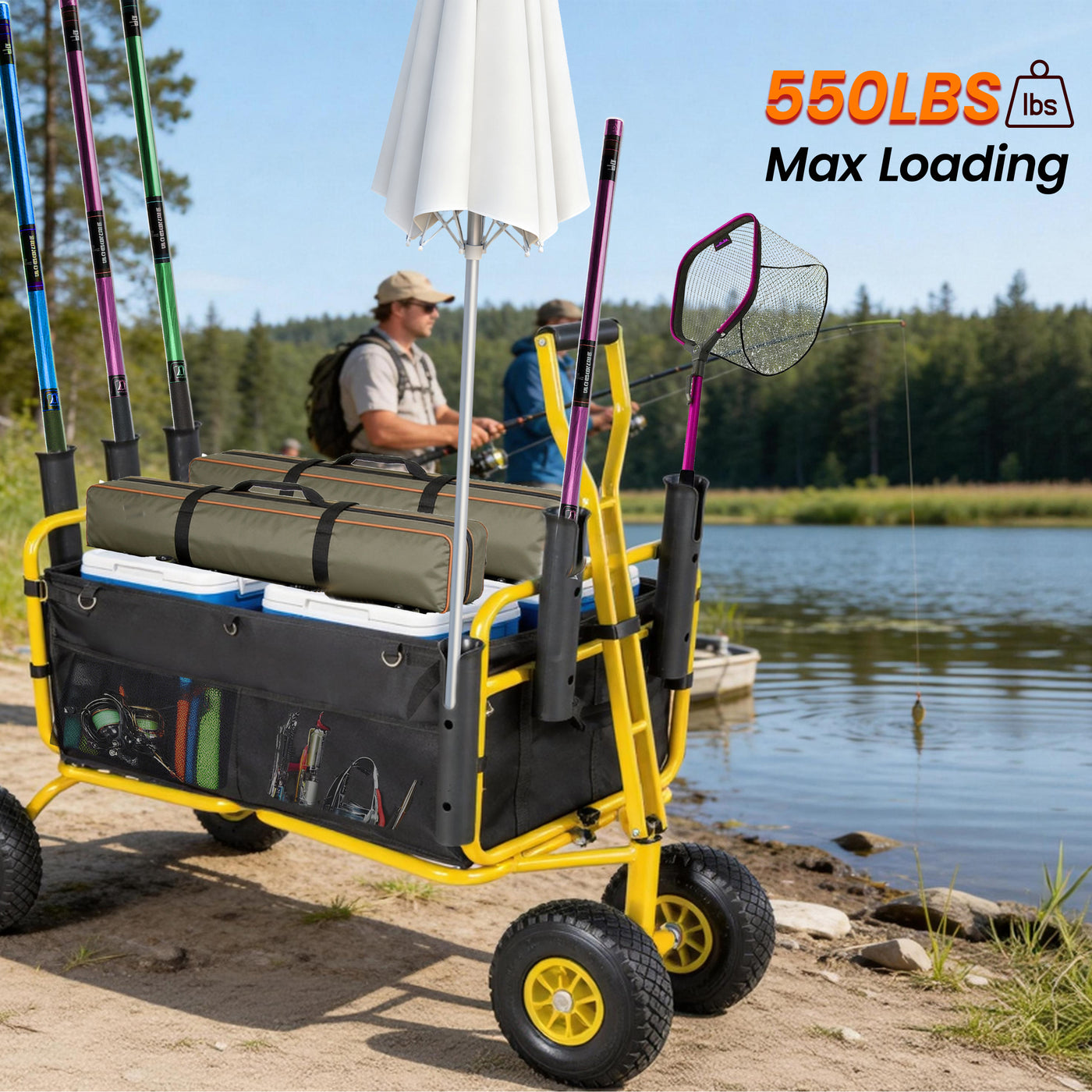 Fishing Cart Beach Cart Collapsible Wagon 9.85  All- Terrain Wheels For Sand  Heavy Duty Garden Cart With Rod Holders Umbrella Holder And Storage Pockets  550lb Large Capacity  Yellow Black