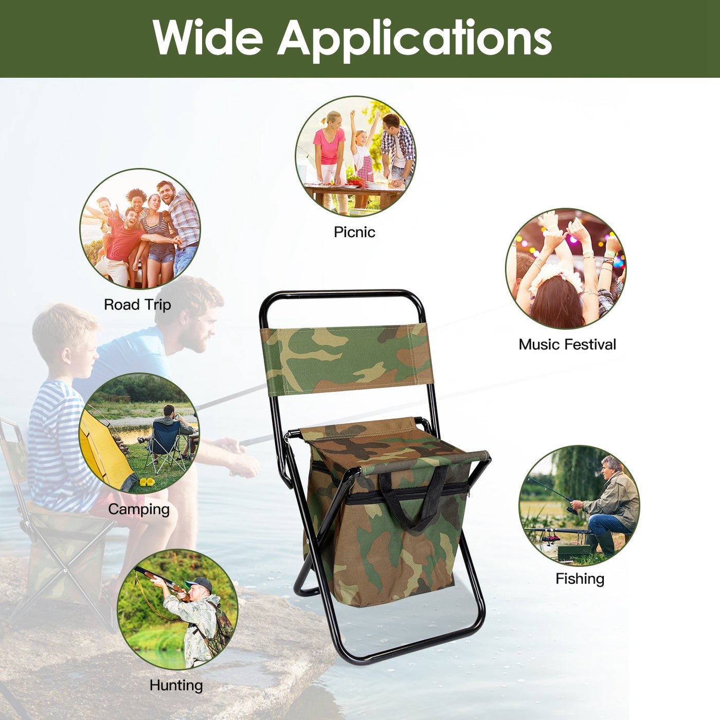 Foldable Fishing Chair With Backrest Built-In Cooler Bag