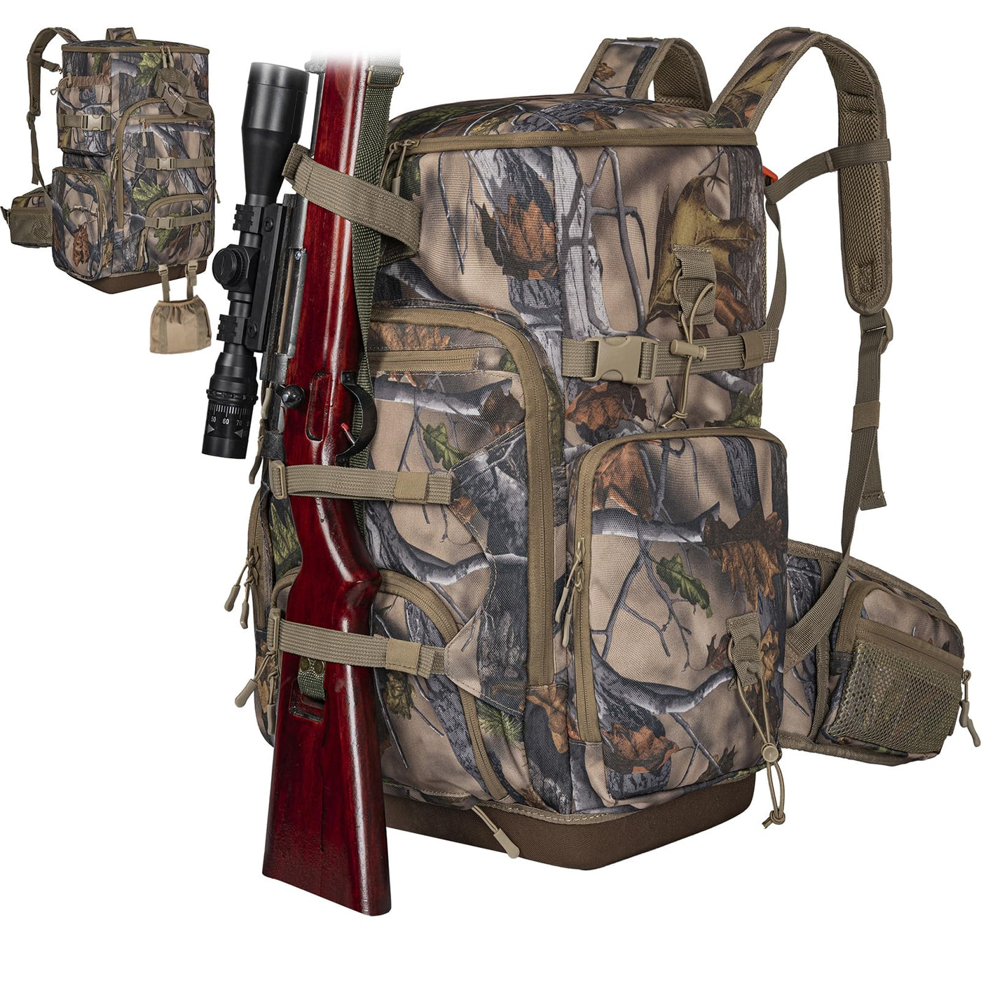 OUUTMEE Hunting Backpack with Waterproof Rain Cover Self Standing Hard Bottom Camo Hunting Day Pack for Bow Rifle Gun