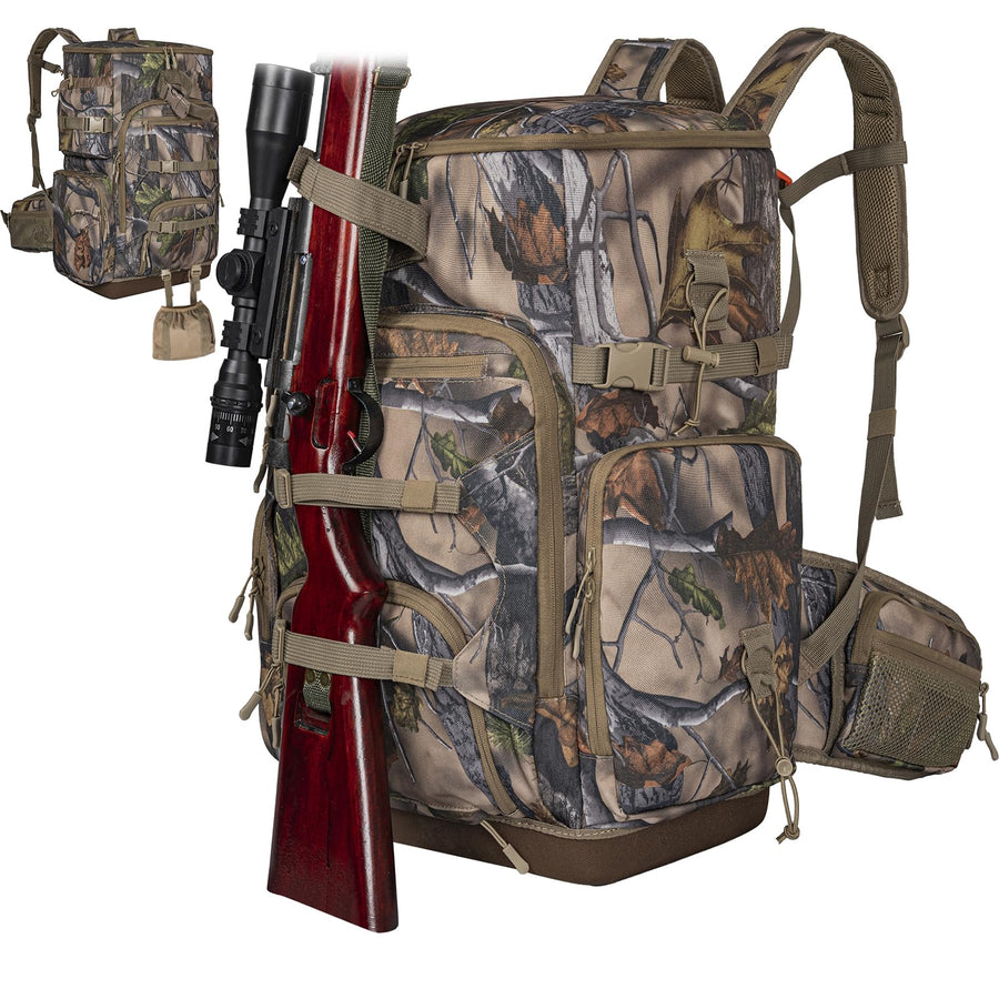 OUUTMEE Hunting Backpack with Waterproof Rain Cover Self Standing Hard Bottom Camo Hunting Day Pack for Bow Rifle Gun