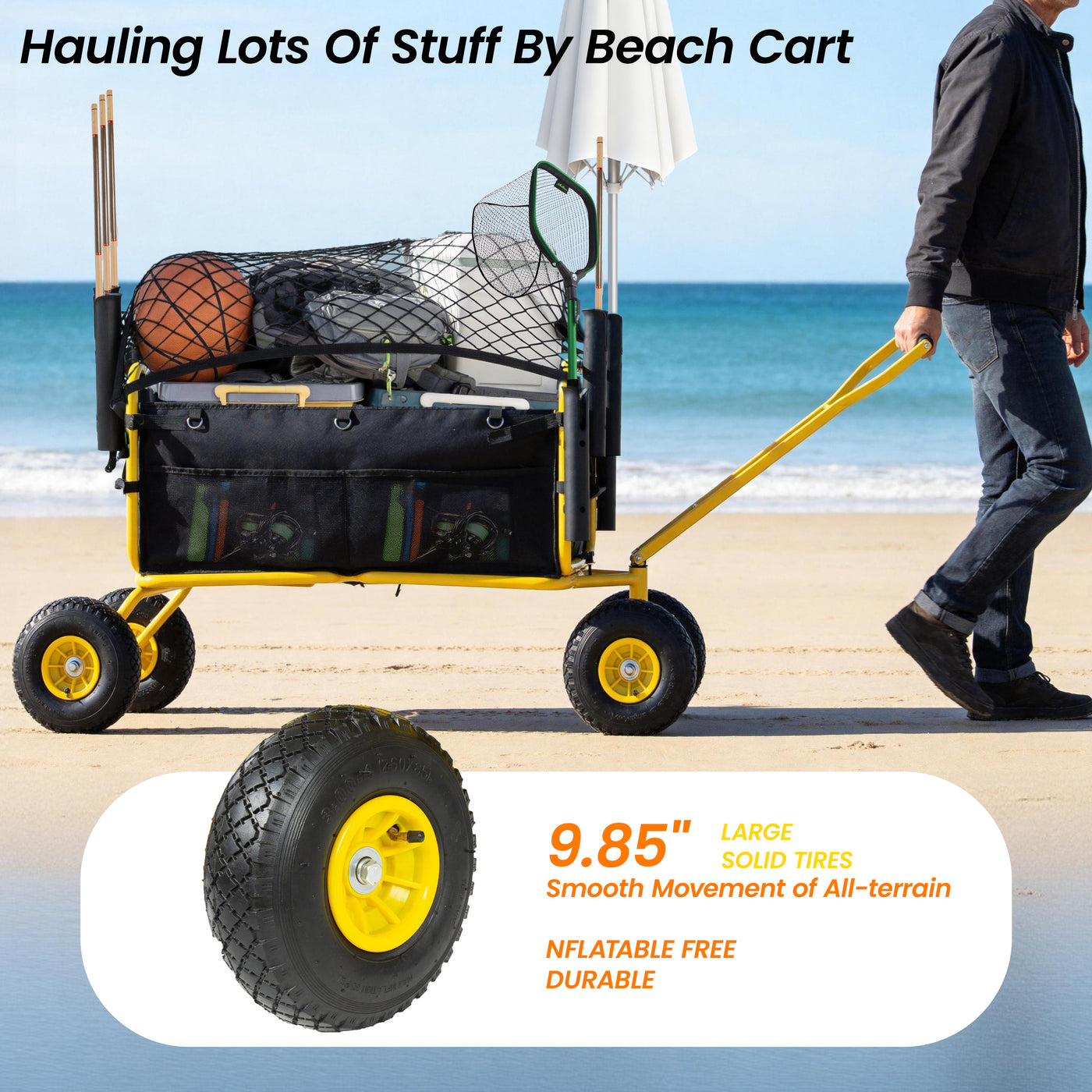 Fishing Cart Beach Cart Collapsible Wagon 9.85  All- Terrain Wheels For Sand  Heavy Duty Garden Cart With Rod Holders Umbrella Holder And Storage Pockets  550lb Large Capacity  Yellow Black