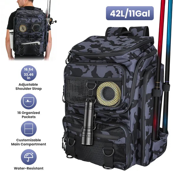 42L Fishing Backpack with Rod Holders – 16 Pockets