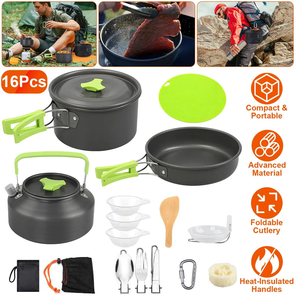 16Pcs Camping Cooking Ware Camping Stove Cookware Kit Aluminum Kettle With Bowls Knife Fork Spoon Carabiner Spatula Cutting Board For Hiking Picnic Outdoor
